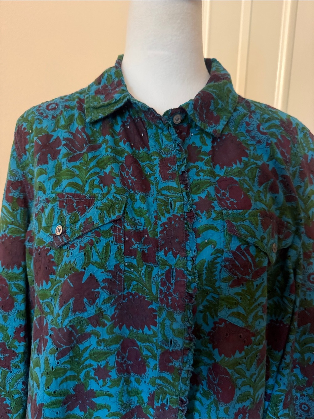 Sundance Teal and Plum eyelet Floral Button-Down Shirt - Picture 3 of 10